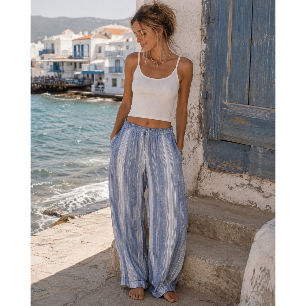 Old Navy Blue Striped Linen Blend Drawstring Pants Coastal‎ Relaxed XXL Coastal